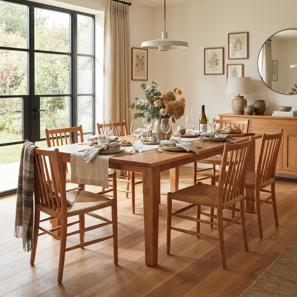 A complete handcrafted cherry wood dining set in a sunlit room