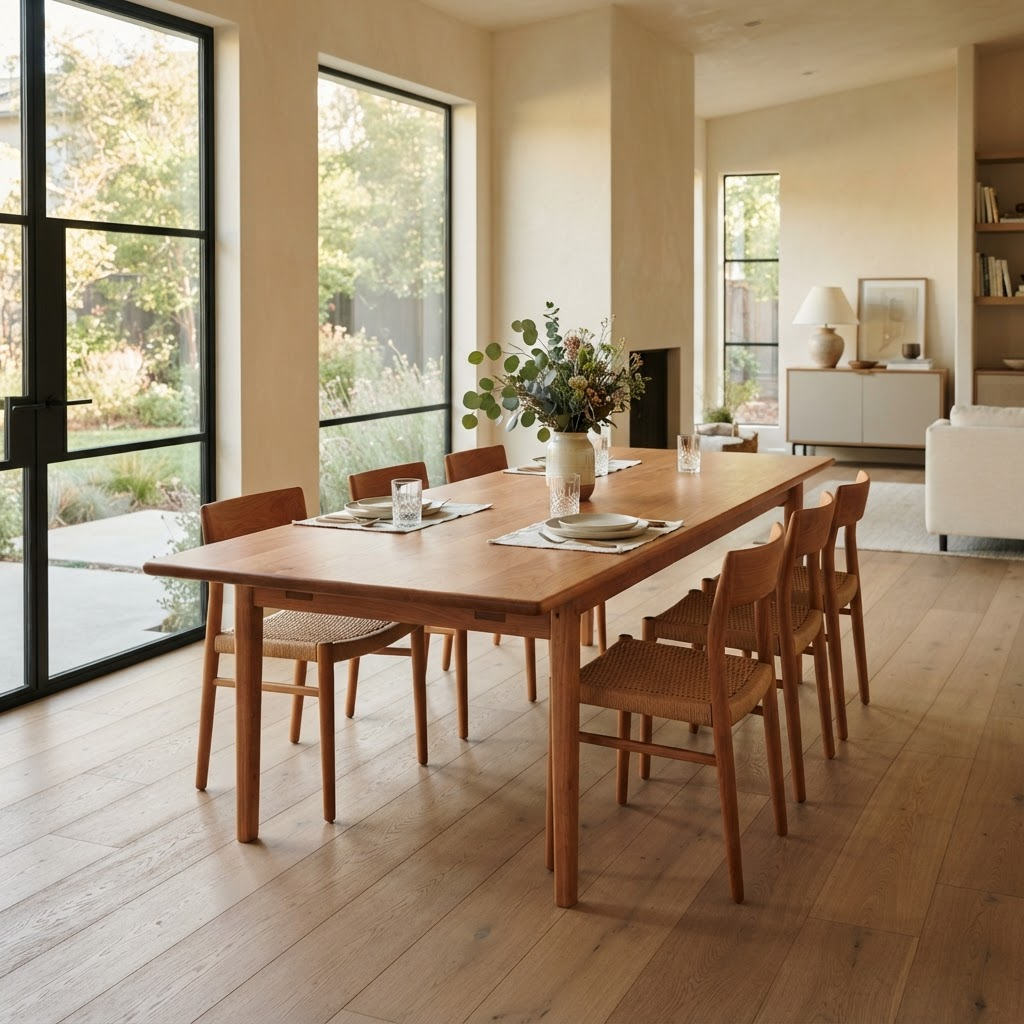 Handcrafted solid cherry wood extension dining table in a sunlit modern home