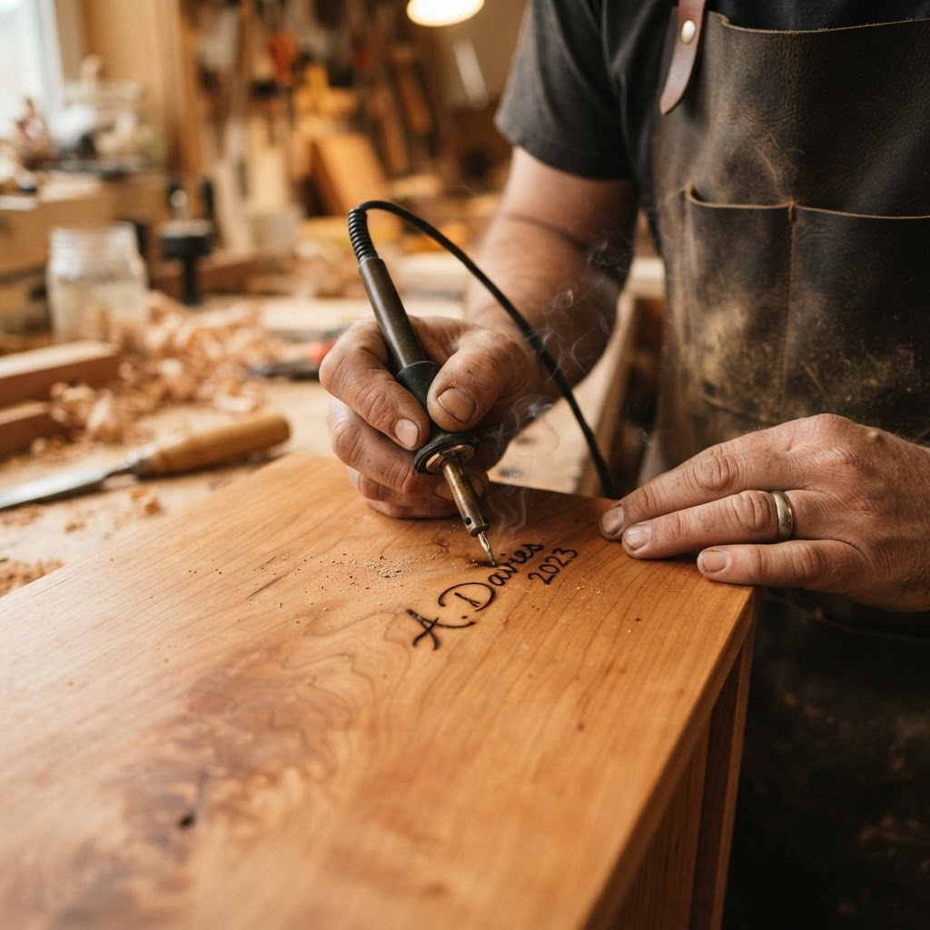 A craftsman signing a hardwood furniture piece by hand