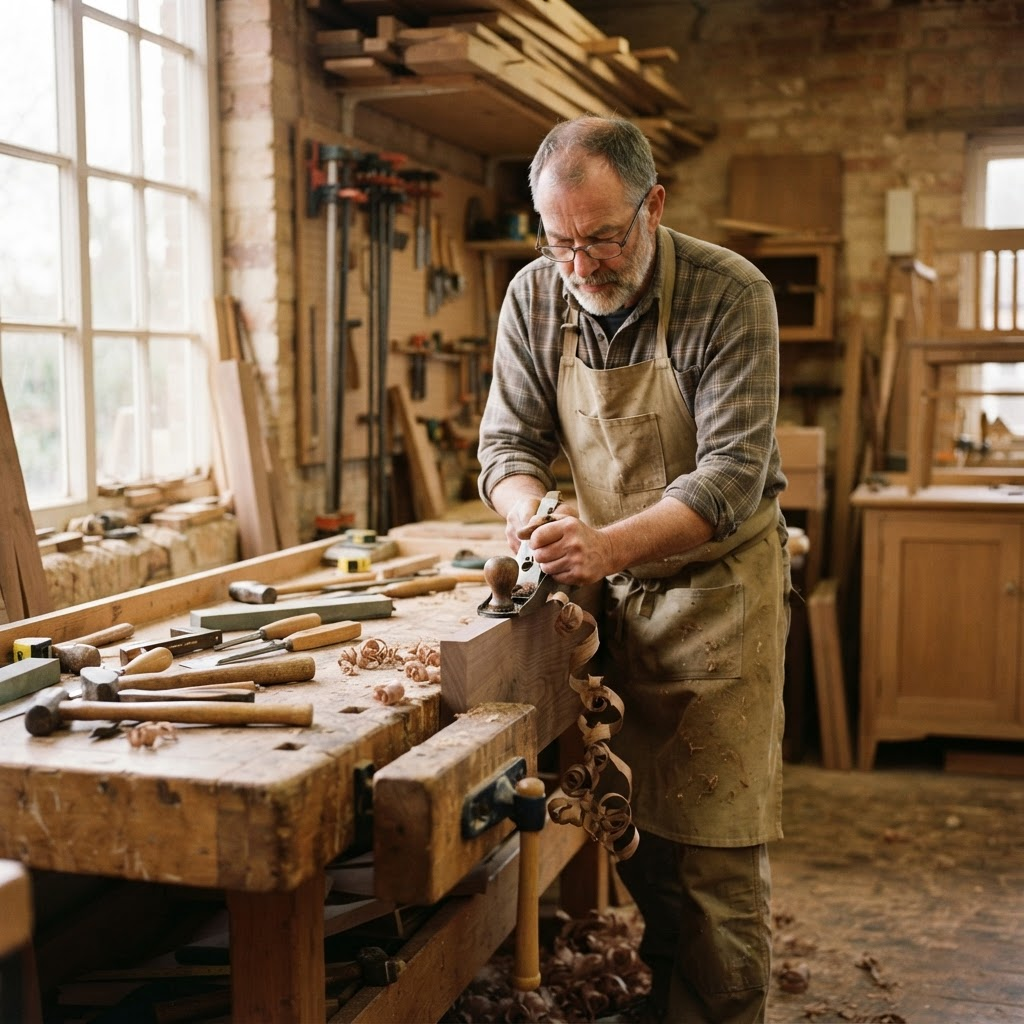 A craftsman hand-planing hardwood in the workshop